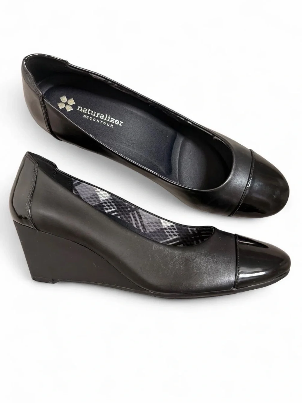 Naturalizer Black Leather Wedge Pump with Patent Toe